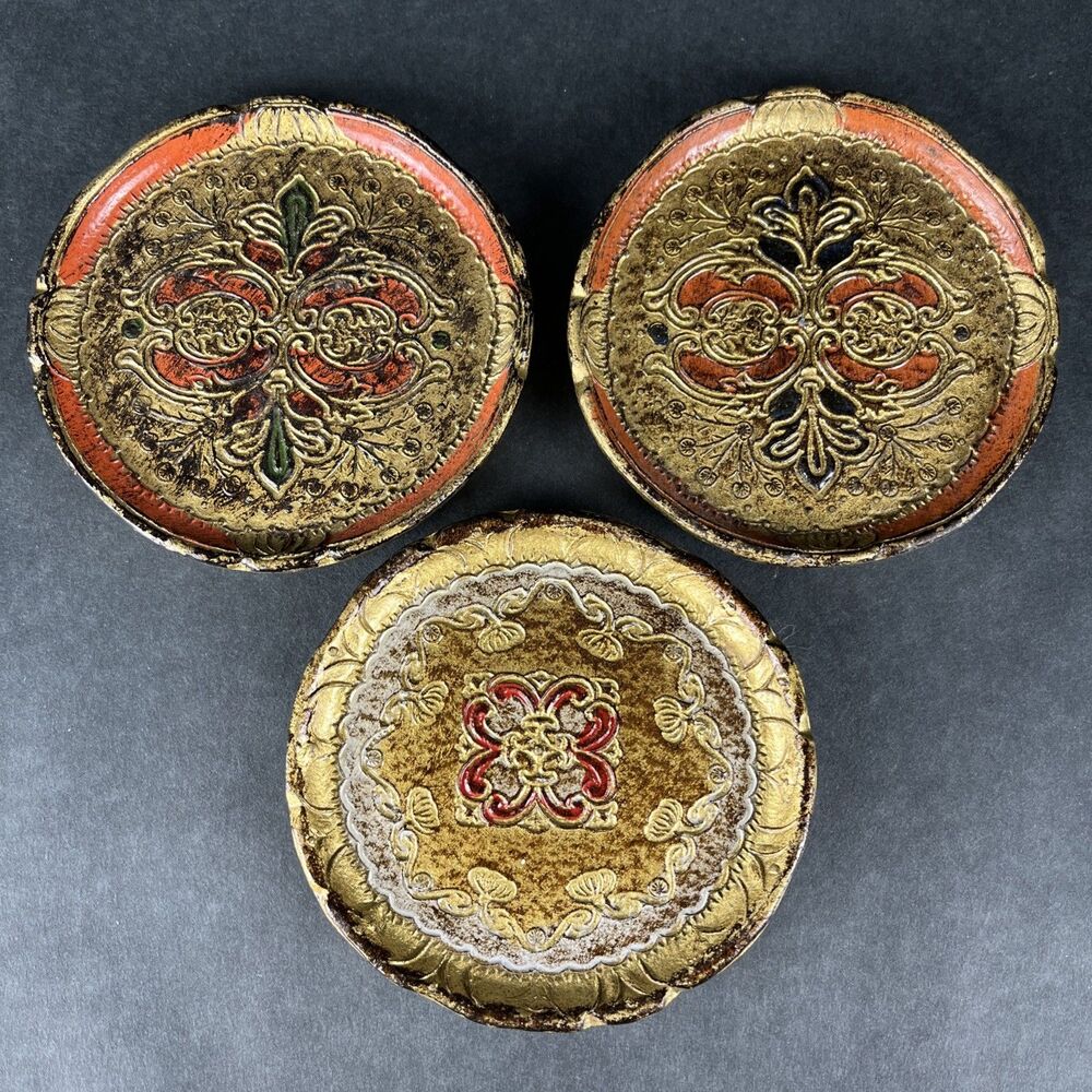3 Vintage Italian Florentine Wood Trays Coasters Gold Gilt Red‎ Trinket Read